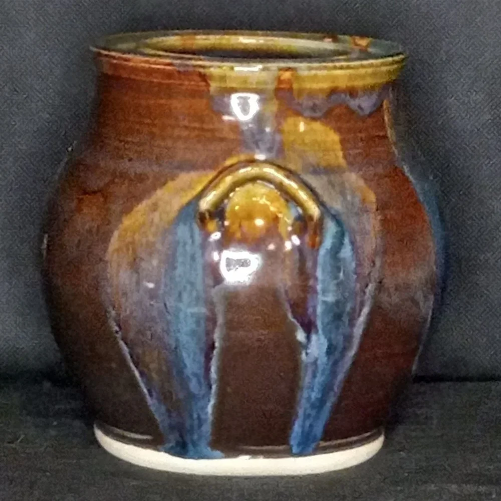 Artist Signed Studio Pottery Vase Pot Planter Vessel Two Handles Glazed‎ Boho